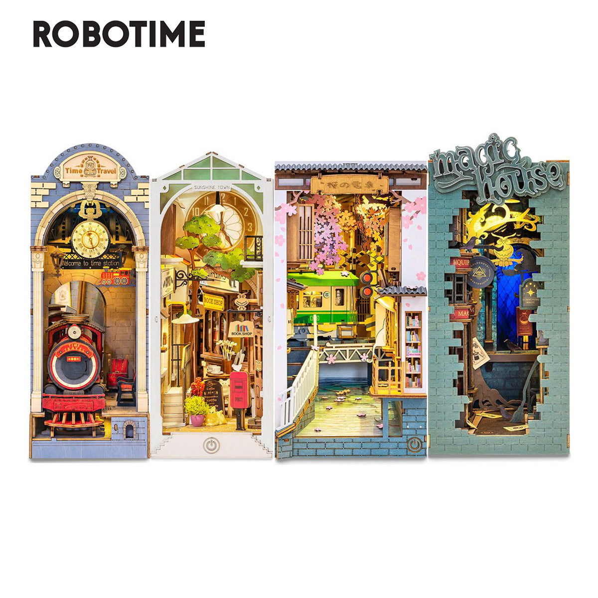 Robotime Rolife Book Nooks Series Stories In Books 4 Kinds DIY Wooden Miniature House Furniture Sakura Densya TGB01