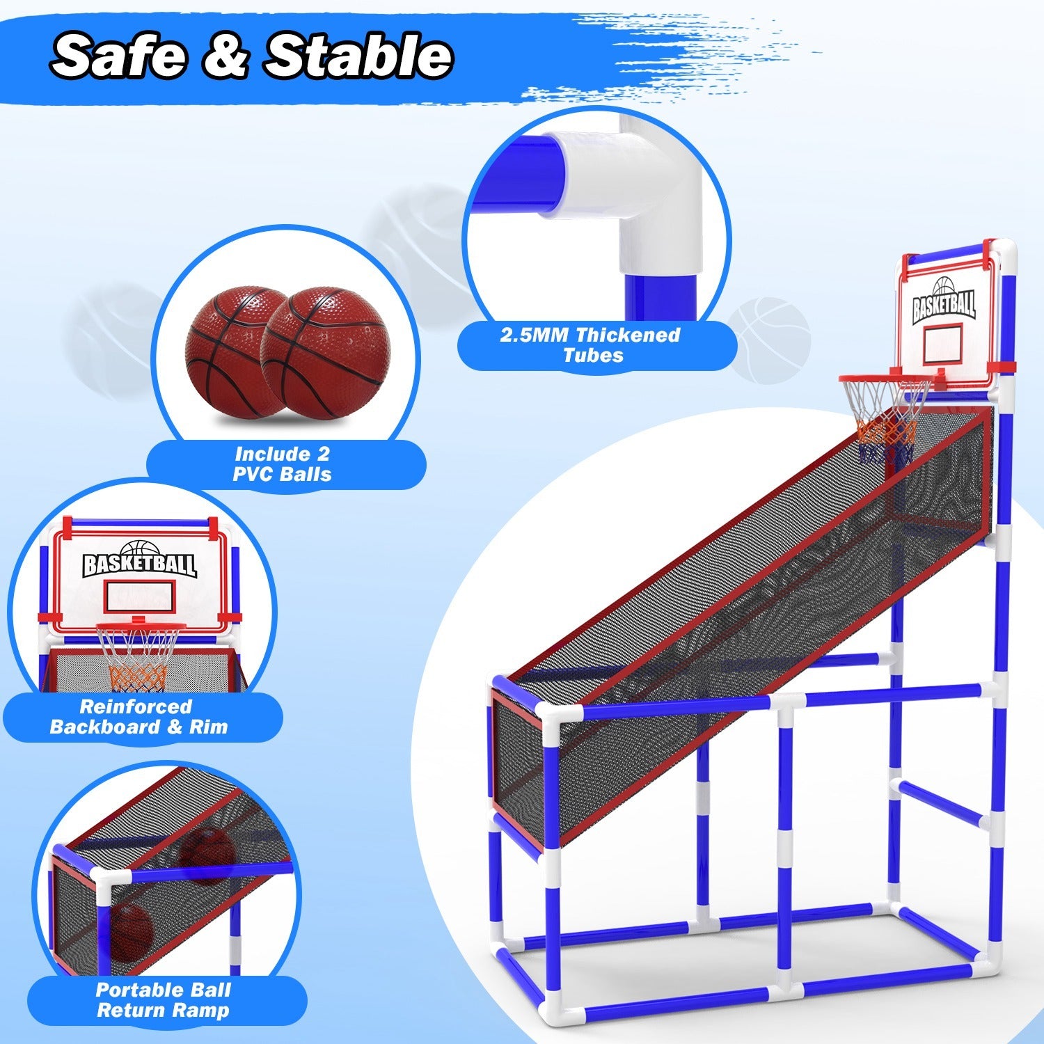 1Set Kids Basketball Game Set With 2 Balls Adjustable Height Basketball Hoop Arcade Game Indoor Outdoor Toys For Boys Girls Aged 3 To 12