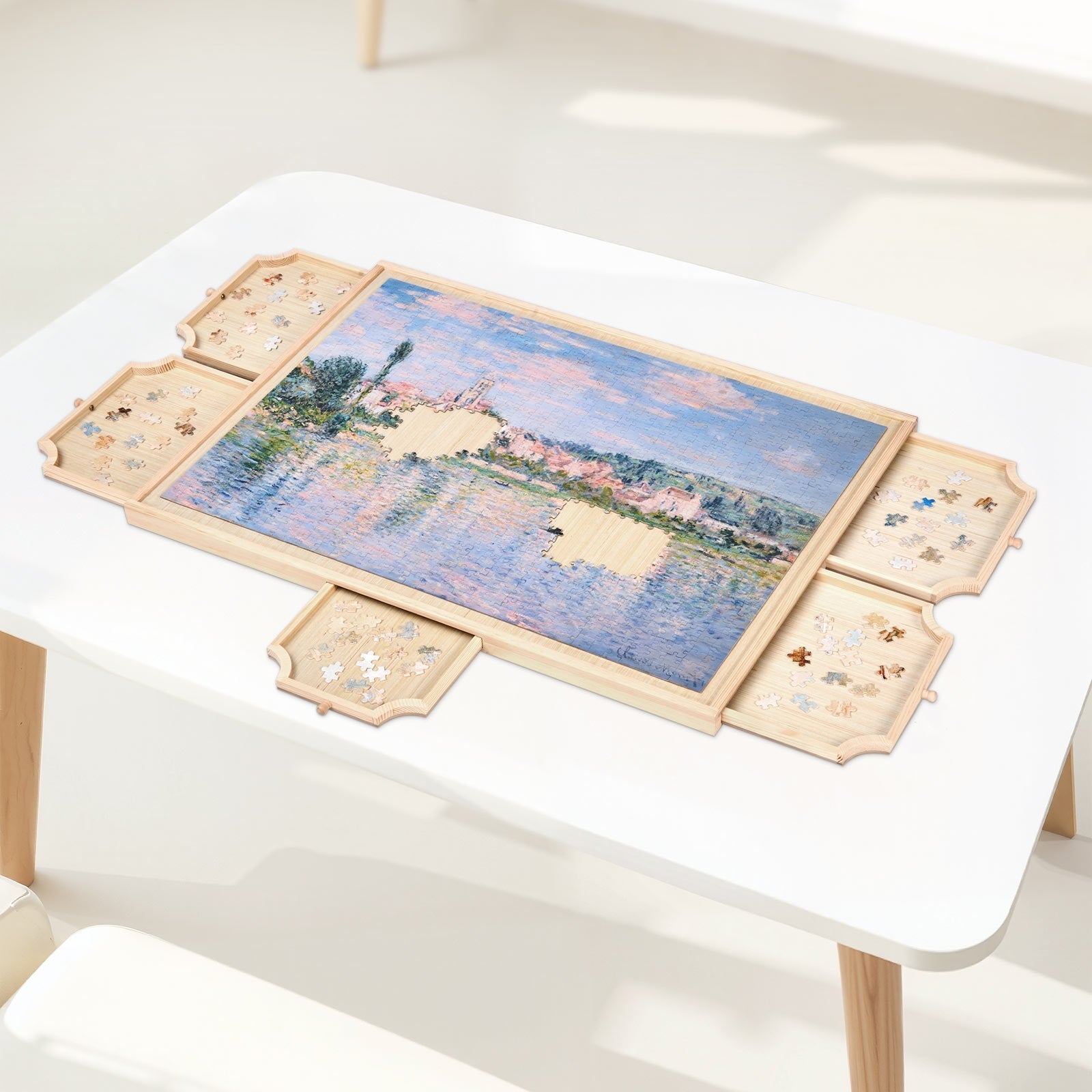 Puzzle Board With Drawer Cover Portable Wooden Jigsaw 29x21 In