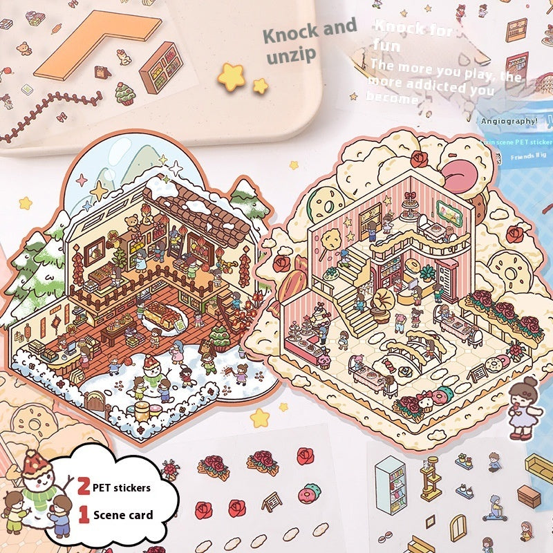 Cartoon Decompression Landscape Stickers Creative Miniature Scene Collage DIY