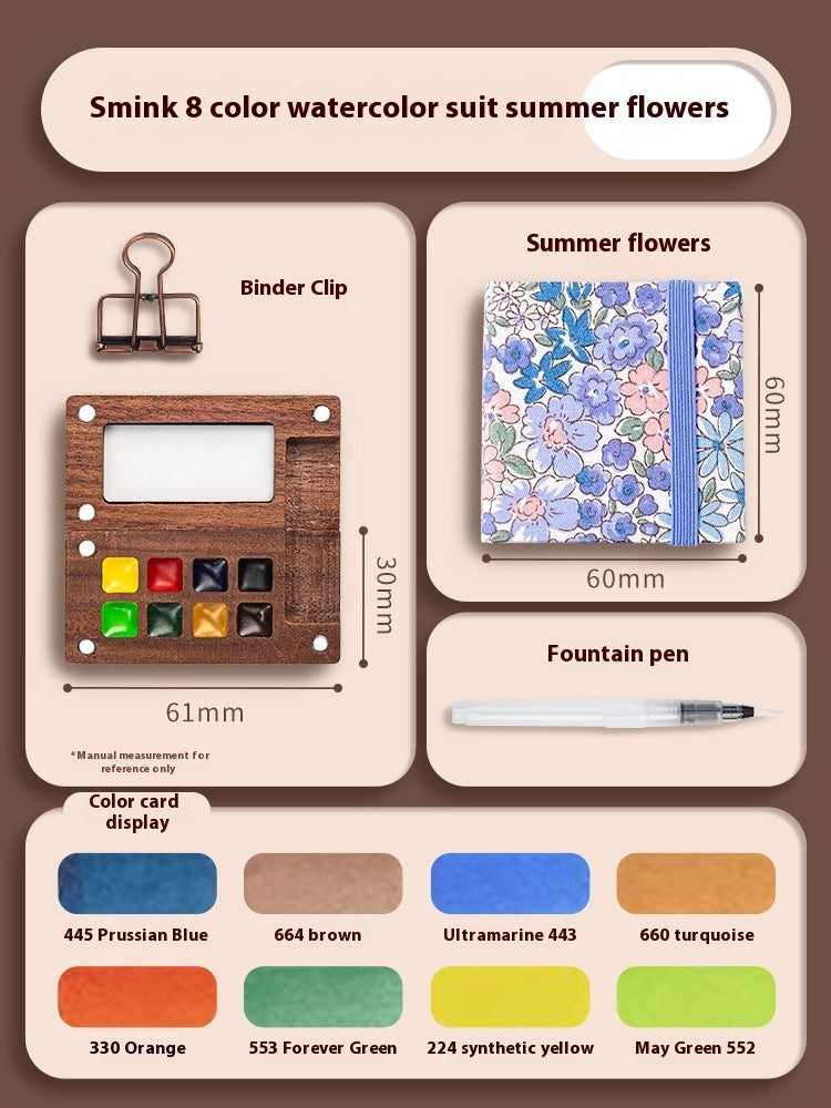 Mini Walnut Color Box Shi Mingke Watercolor Sub-package 8 Colors Portable Sketch Journal Book Travel Watercolor Painting Set