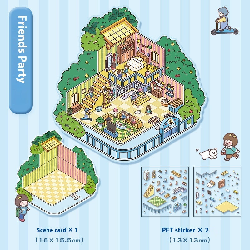 Cartoon Decompression Landscape Stickers Creative Miniature Scene Collage DIY