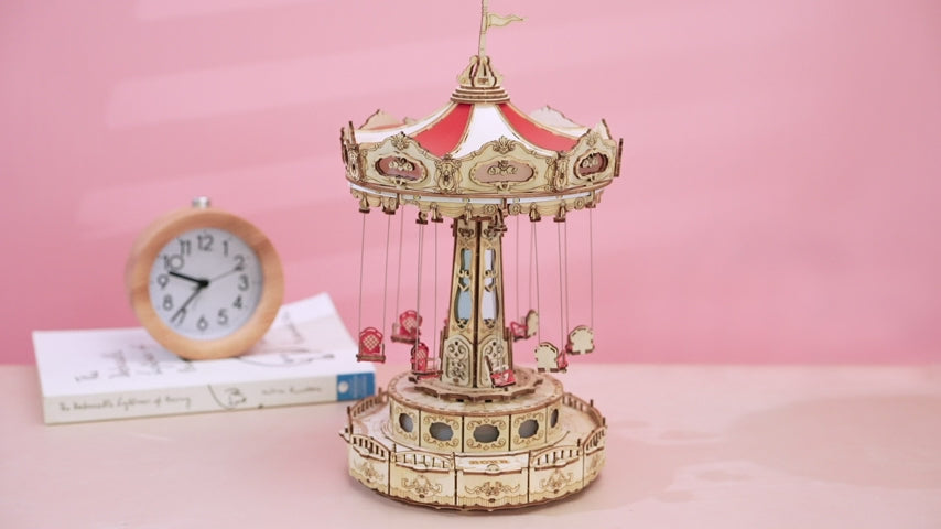 Robotime Rokr Magic Amusement Park Swing Ride 3D Wooden Puzzles Construction Model Kit DIY Music Box Rotating Building Kits